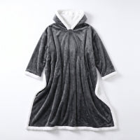 Wearable Heated Blanket laid flat showing hood, two sleeves and sherpa trim