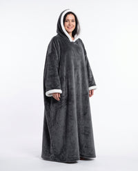 BLUND Wearable Heated Blanket worn with the hood up, closed front, full-length coverage